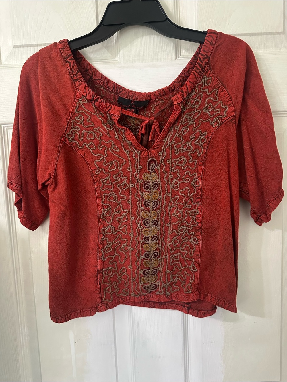 Sacred Threads Rust Red Embroidered Boho Peasant Blouse